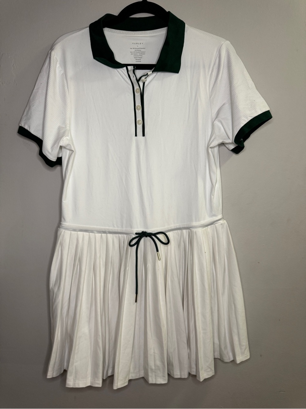 Varley Paloma White Tennis Dress with Dark Green Trim